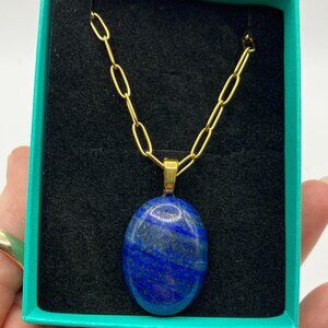 Lapis Lazuli OVAL Pendant + Golden Paperclip Stainless Chain NEW Gift Box